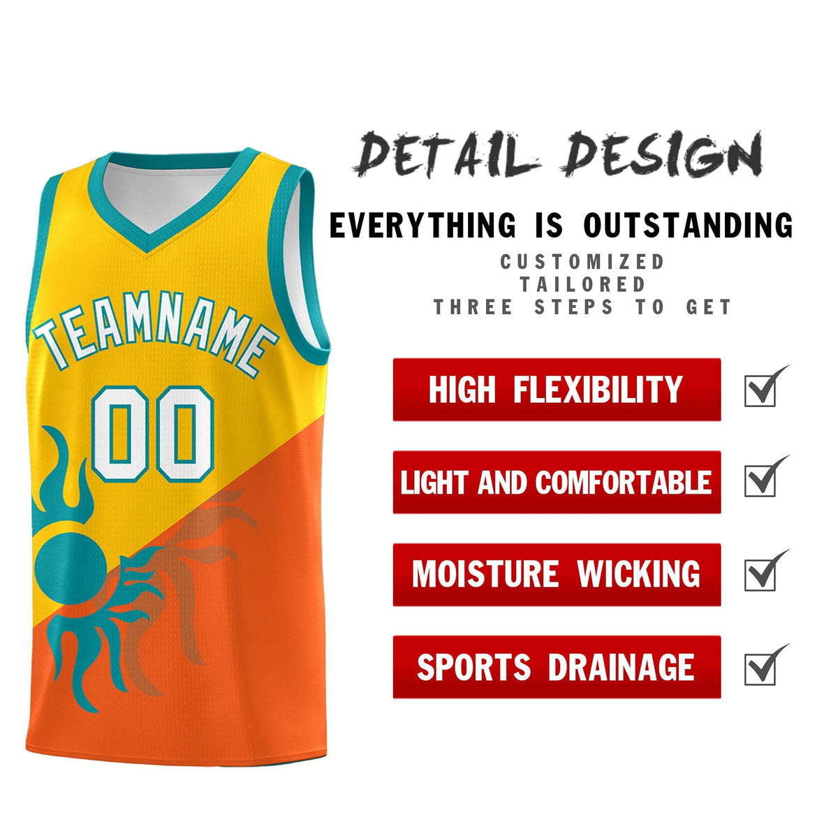 Custom Youth Basketball Jerseys - Yellow Orange Radiant Sun Design Two Tone Uniforms