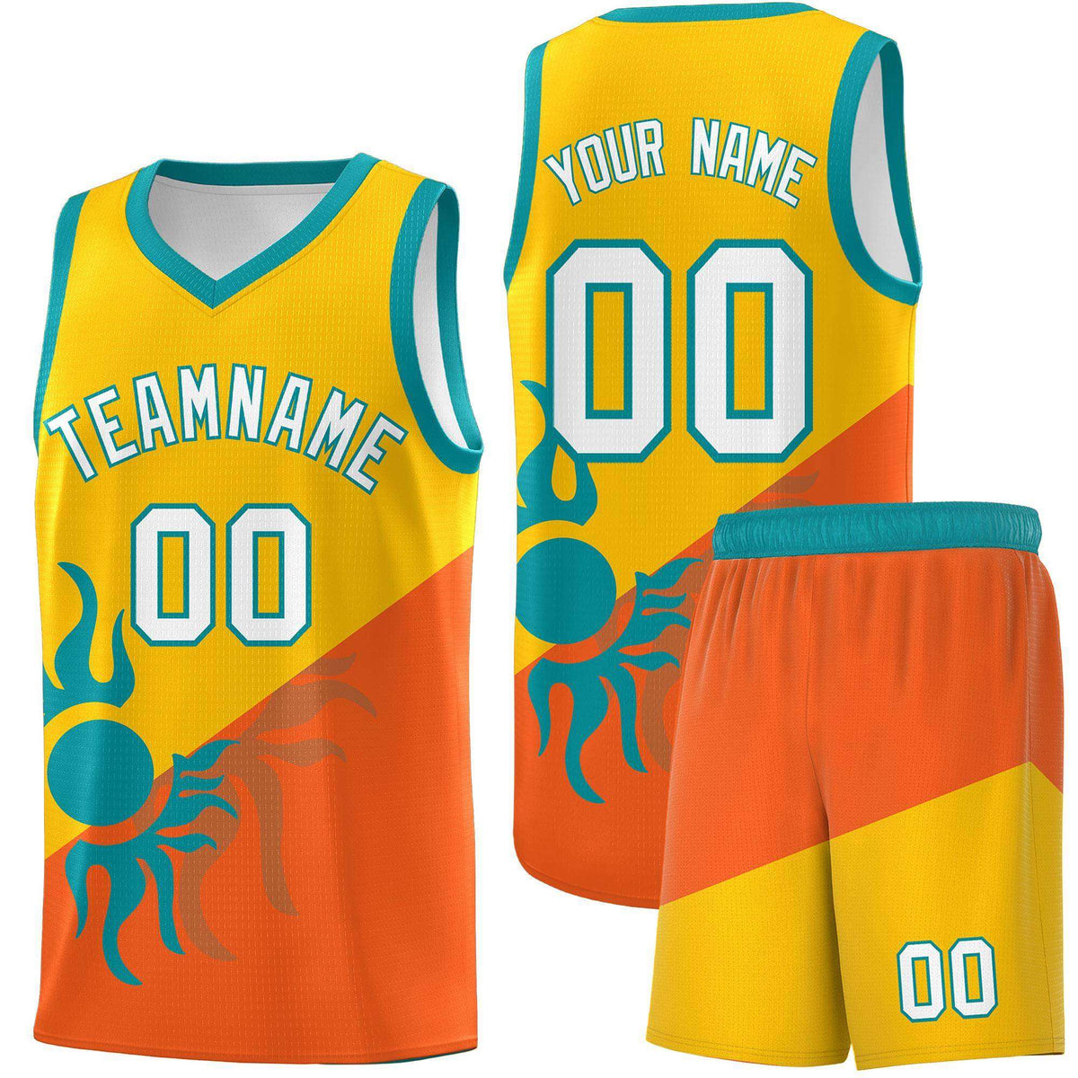Custom Youth Basketball Jerseys - Yellow Orange Radiant Sun Design Two Tone Uniforms