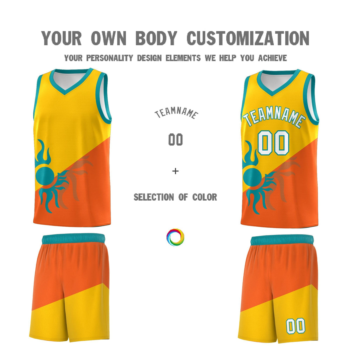 Custom Youth Basketball Jerseys - Yellow Orange Radiant Sun Design Two Tone Uniforms