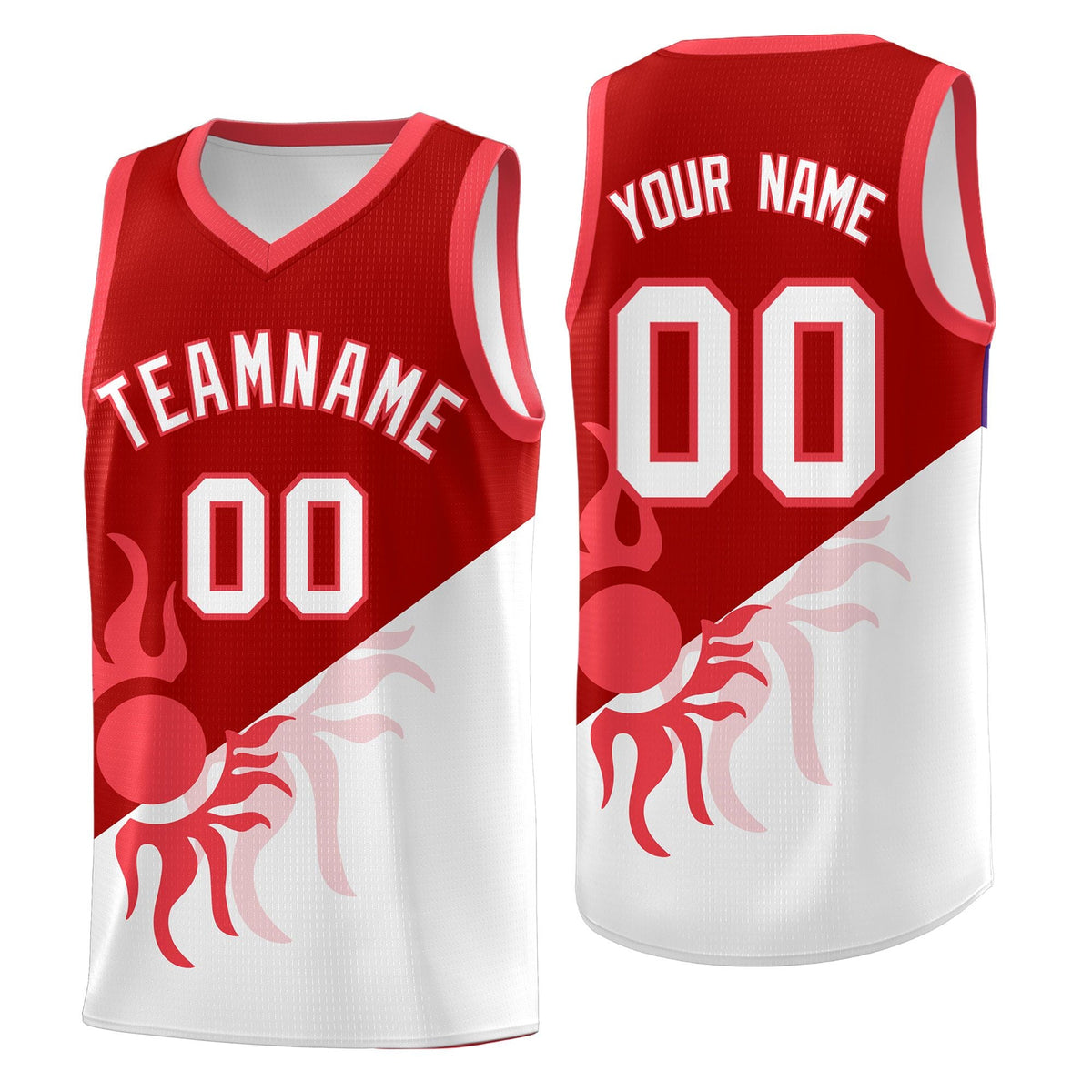 Custom Youth Basketball Jerseys - Red White Sunburst Design Two Tone Uniforms