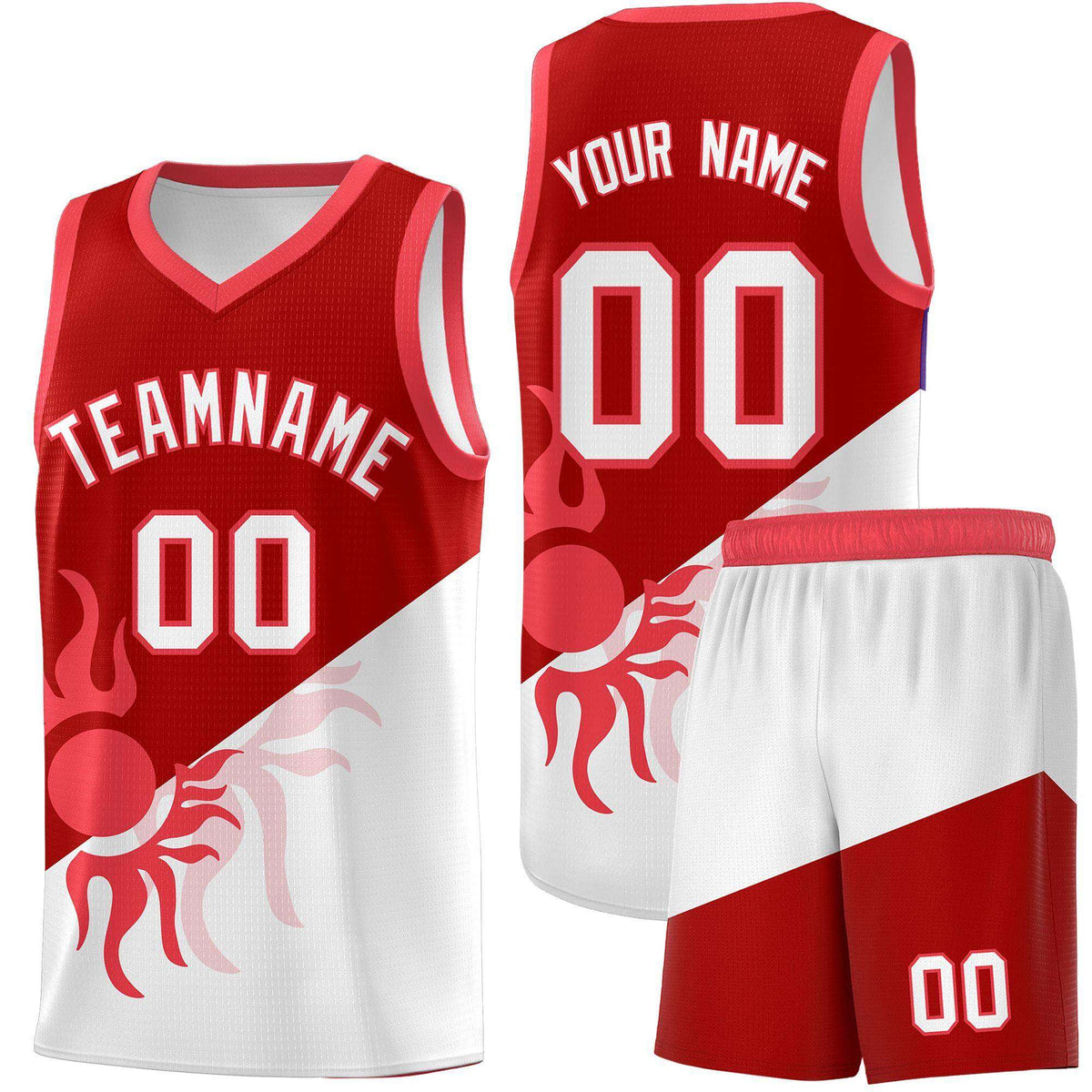 Custom Youth Basketball Jerseys - Red White Sunburst Design Two Tone Uniforms