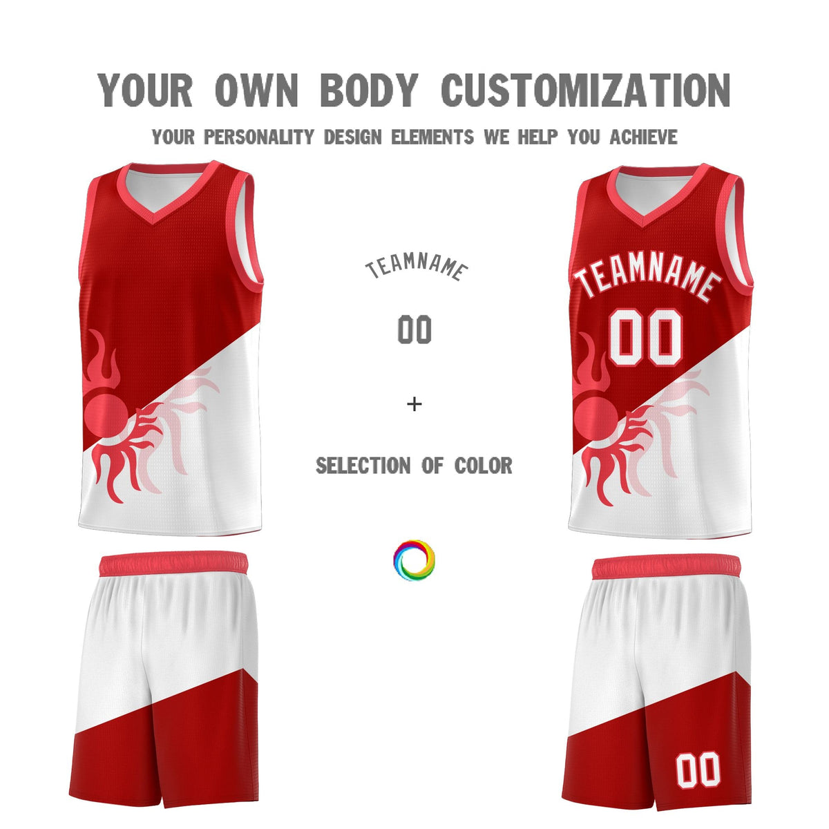 Custom Youth Basketball Jerseys - Red White Sunburst Design Two Tone Uniforms