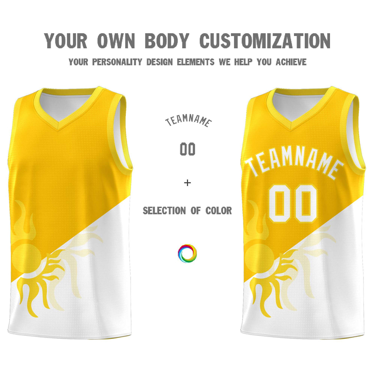Custom Youth Basketball Jerseys - Yellow White Sunburst Design Two Tone Uniforms
