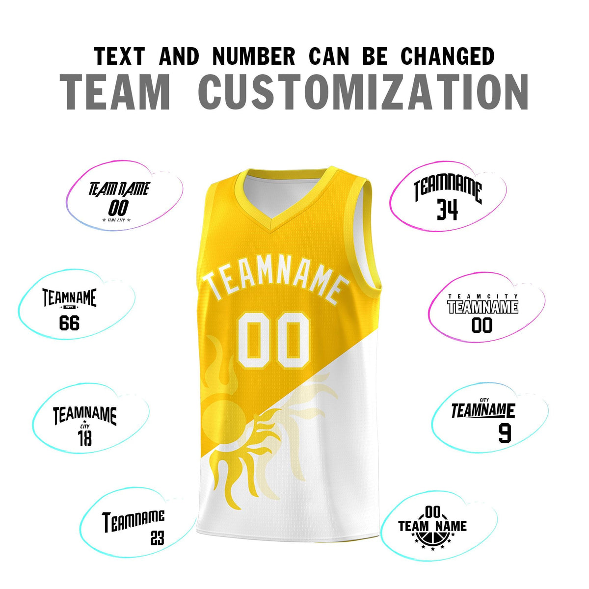 Custom Youth Basketball Jerseys - Yellow White Sunburst Design Two Tone Uniforms