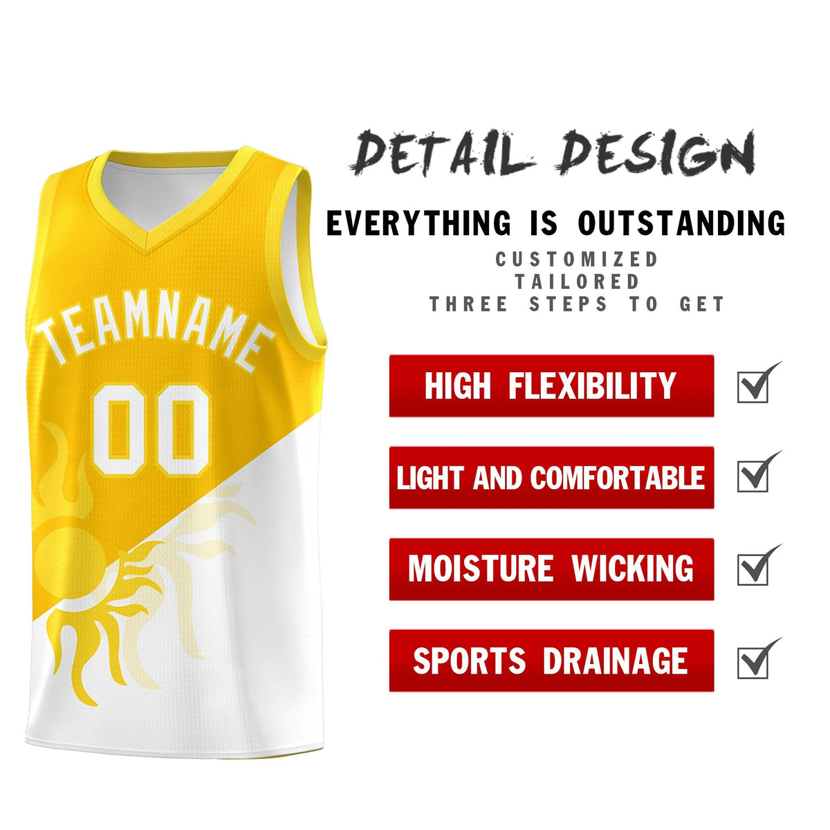 Custom Youth Basketball Jerseys - Yellow White Sunburst Design Two Tone Uniforms