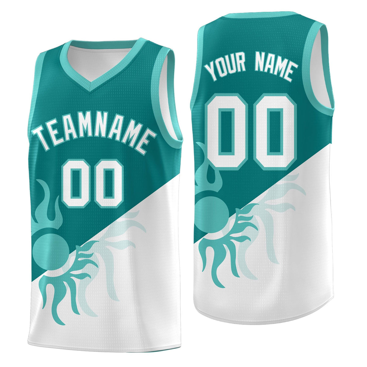 Custom Youth Basketball Jerseys - Teal White Sunburst Design Two Tone Uniforms