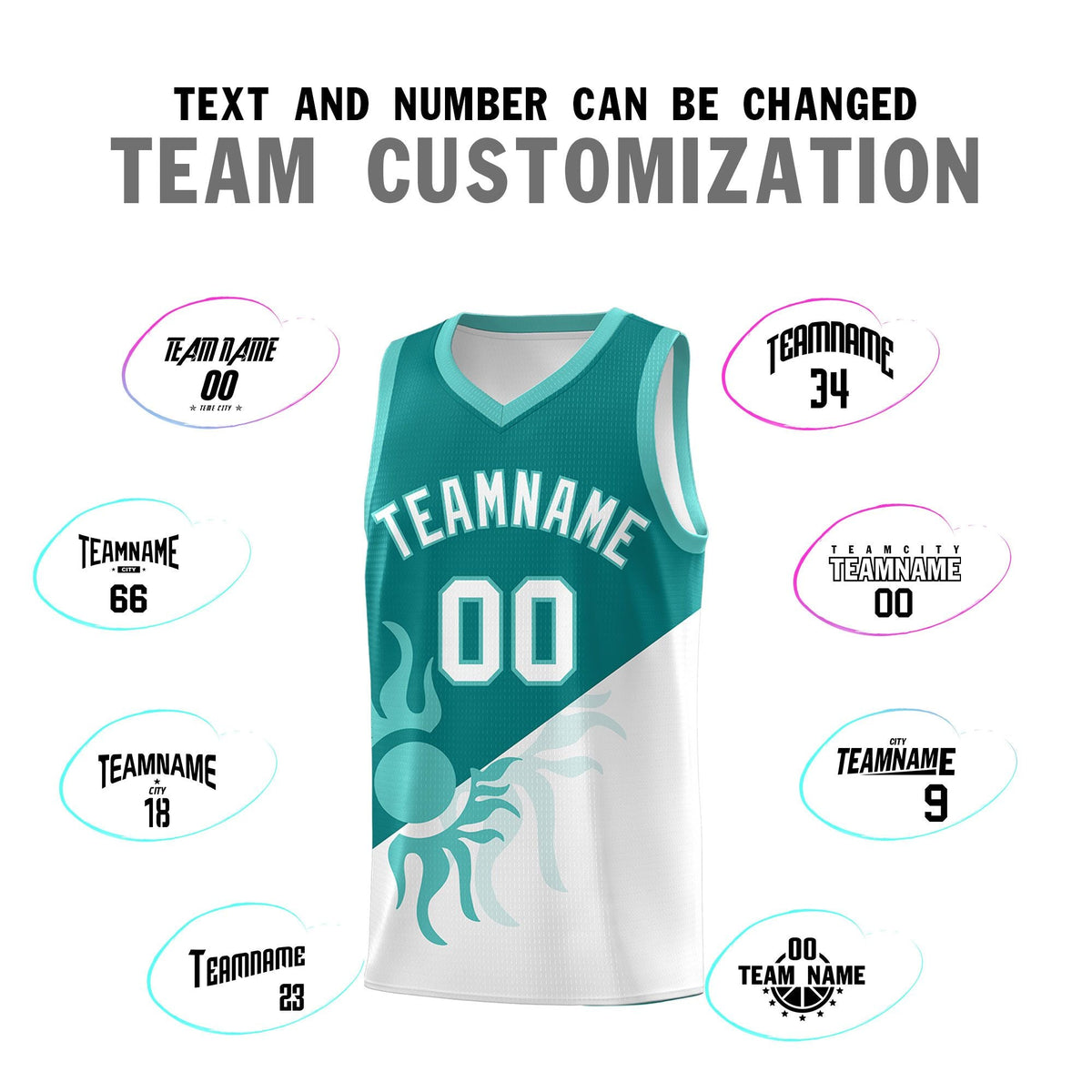 Custom Youth Basketball Jerseys - Teal White Sunburst Design Two Tone Uniforms