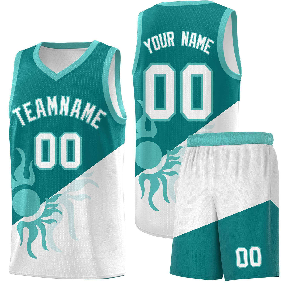Custom Youth Basketball Jerseys - Teal White Sunburst Design Two Tone Uniforms