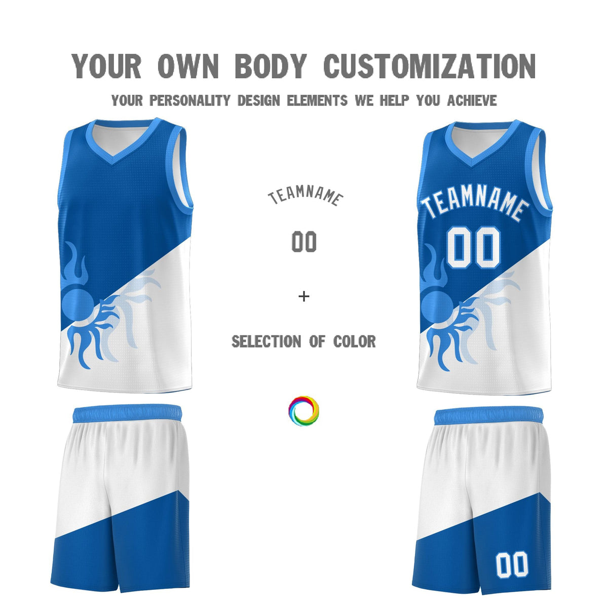 Custom Youth Basketball Jerseys - Royal White Radiant Sun Design Two Tone Uniforms
