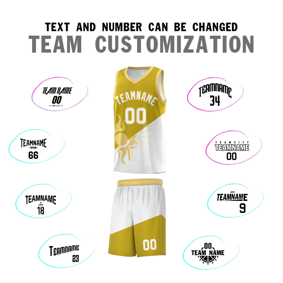 Custom Youth Basketball Jerseys - Old Gold White Radiant Sun Design Two Tone Uniforms