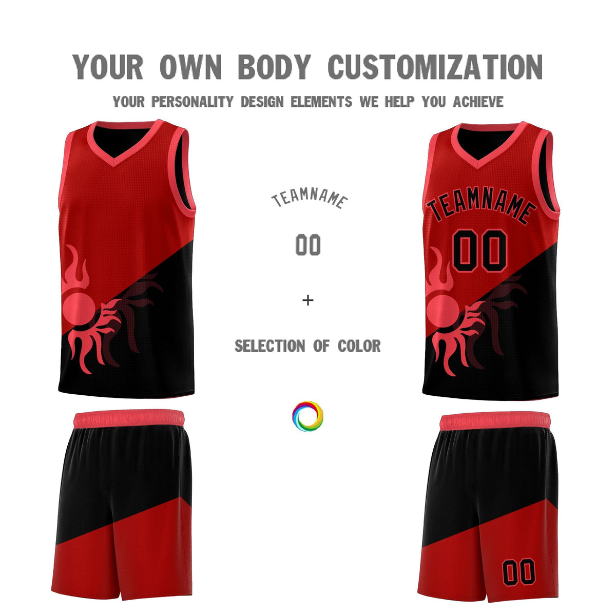 Custom Youth Basketball Jerseys - Red Black Sunburst Design Two Tone Uniforms