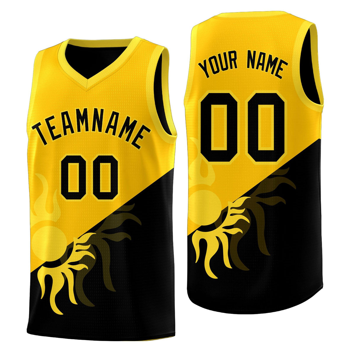 Custom Youth Basketball Jerseys - Yellow Black Sunburst Design Two Tone Uniforms