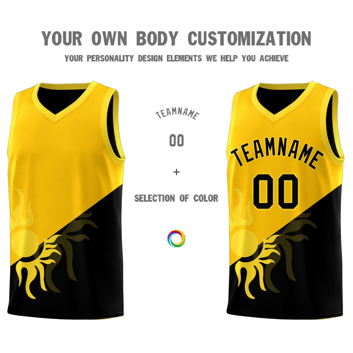 Custom Youth Basketball Jerseys - Yellow Black Sunburst Design Two Tone Uniforms