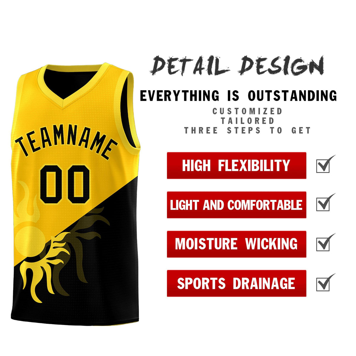 Custom Youth Basketball Jerseys - Yellow Black Sunburst Design Two Tone Uniforms