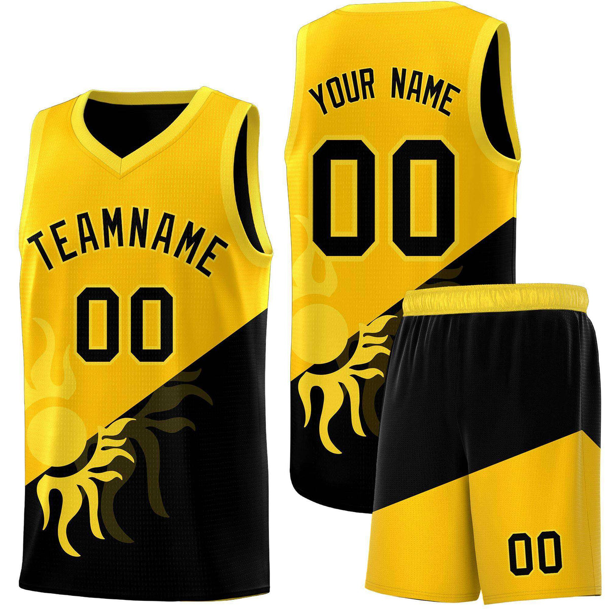 Custom Youth Basketball Jerseys - Yellow Black Sunburst Design Two Tone Uniforms