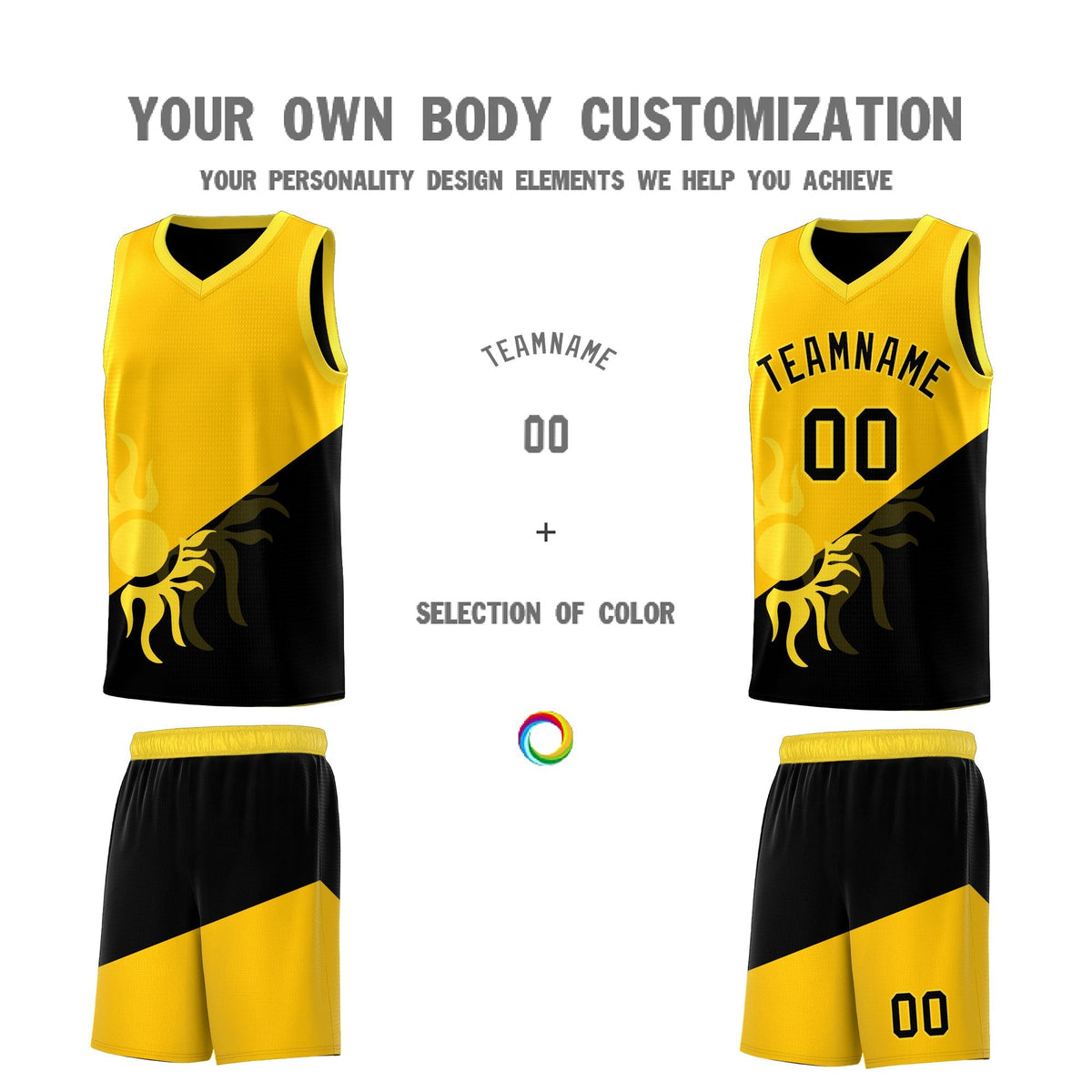 Custom Youth Basketball Jerseys - Yellow Black Sunburst Design Two Tone Uniforms