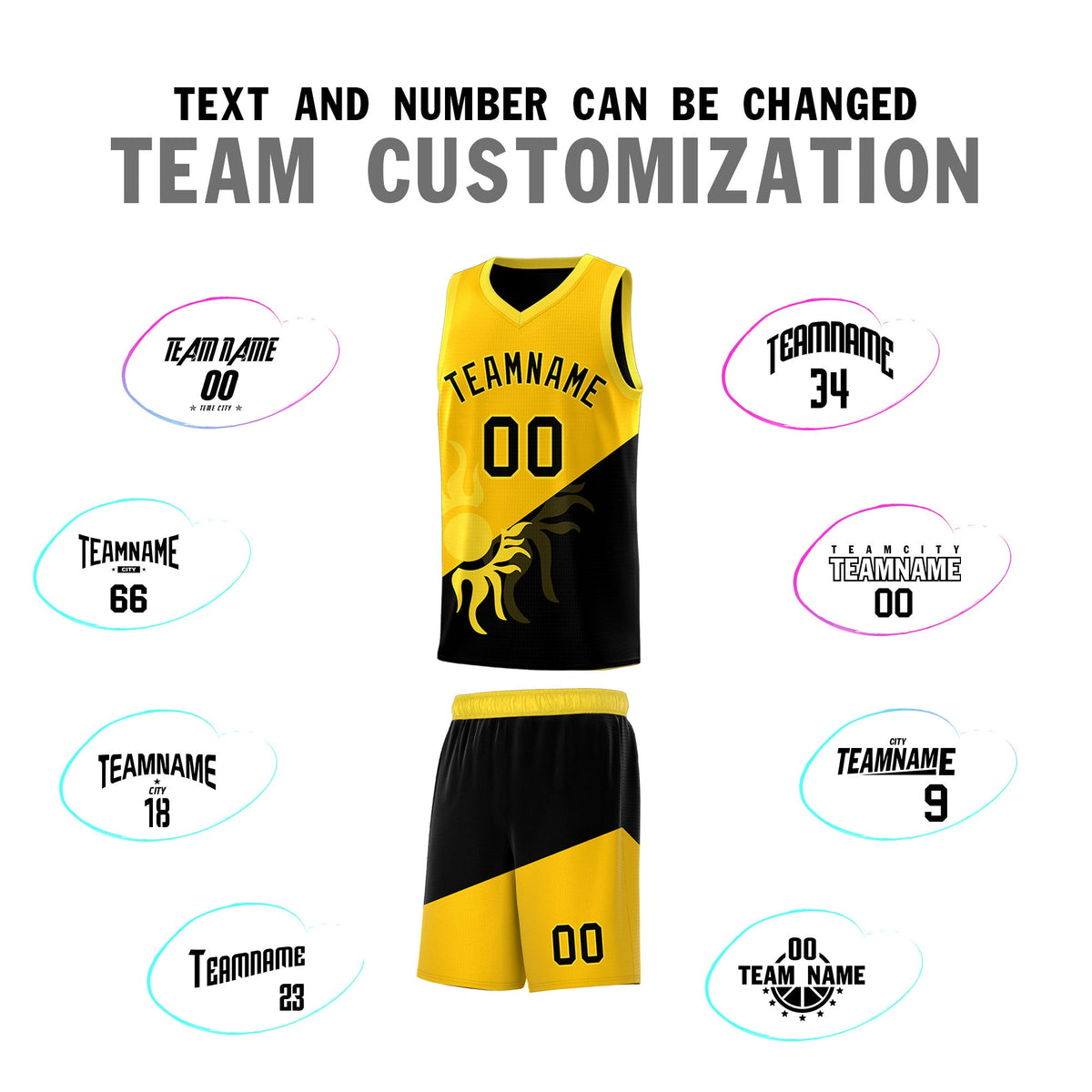 Custom Youth Basketball Jerseys - Yellow Black Sunburst Design Two Tone Uniforms