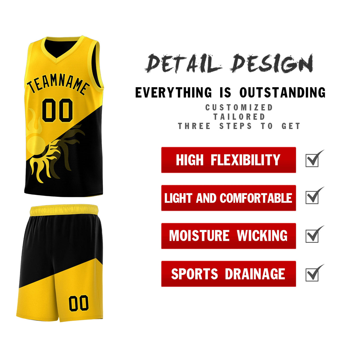 Custom Youth Basketball Jerseys - Yellow Black Sunburst Design Two Tone Uniforms