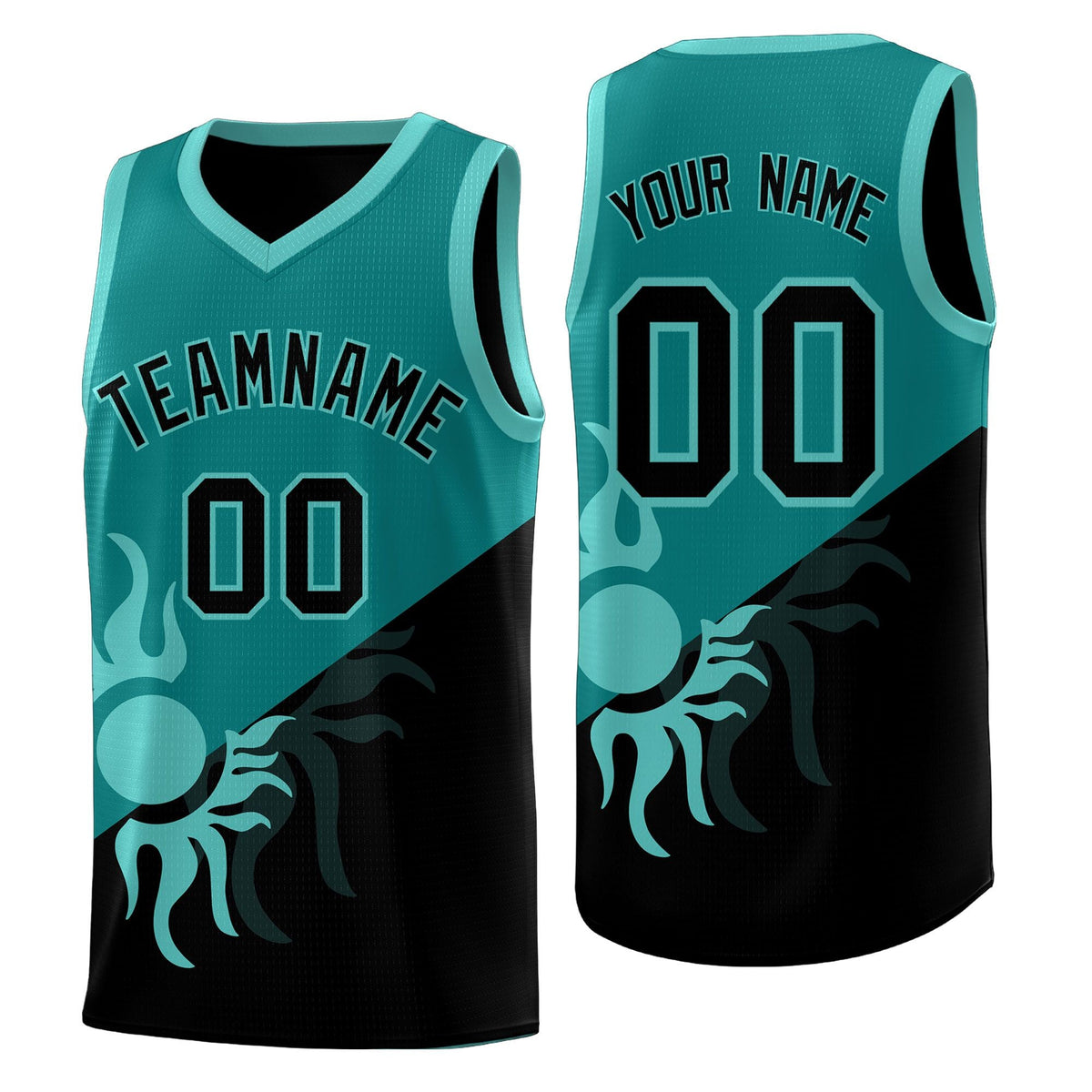 Custom Youth Basketball Jerseys - Teal Black Sunburst Design Two Tone Uniforms