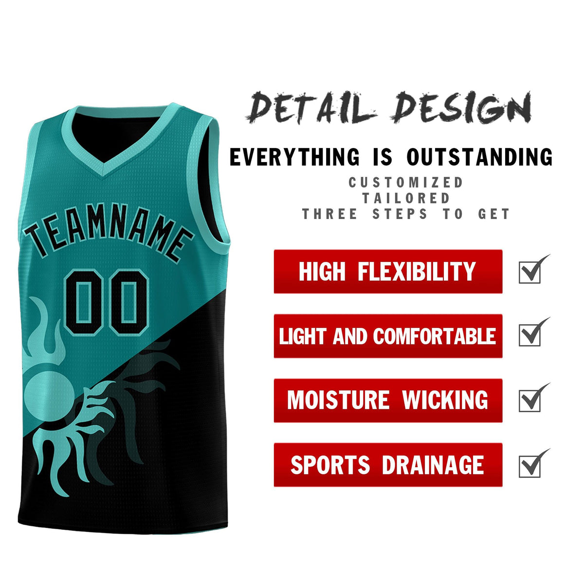 Custom Youth Basketball Jerseys - Teal Black Sunburst Design Two Tone Uniforms