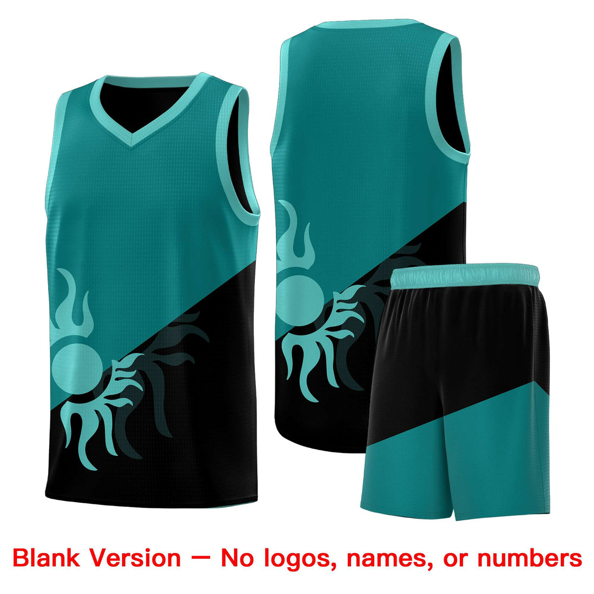 Custom Youth Basketball Jerseys - Teal Black Sunburst Design Two Tone Uniforms