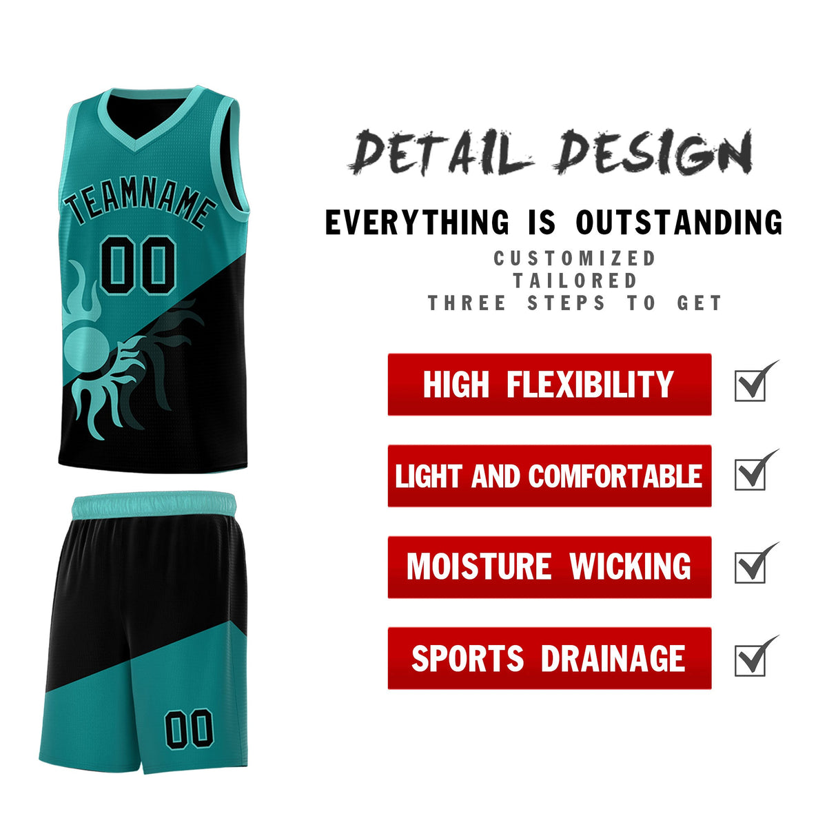Custom Youth Basketball Jerseys - Teal Black Sunburst Design Two Tone Uniforms