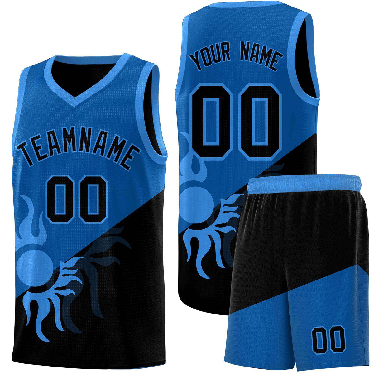 Custom Youth Basketball Jerseys - Royal Black Radiant Sun Design Two Tone Uniforms