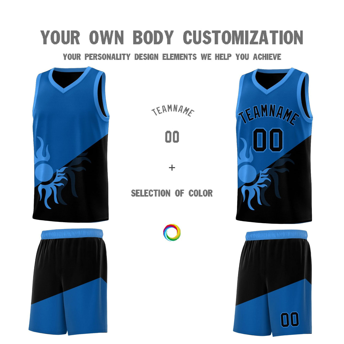 Custom Youth Basketball Jerseys - Royal Black Radiant Sun Design Two Tone Uniforms