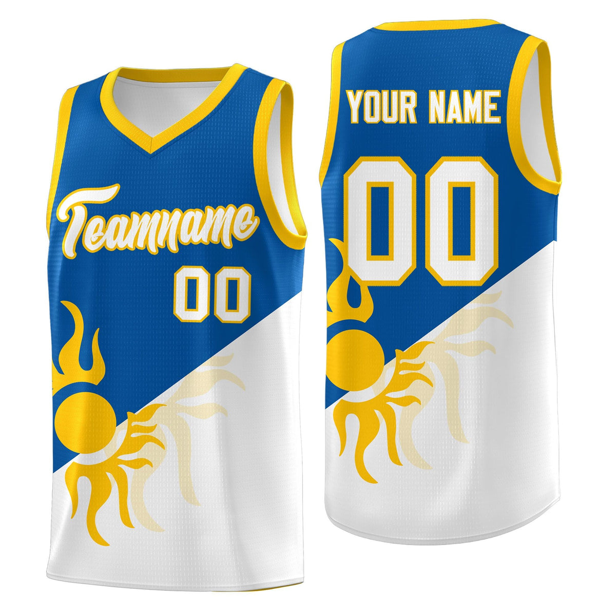 Custom Youth Basketball Jerseys - Royal White Radiant Sun Design Two Tone Uniforms