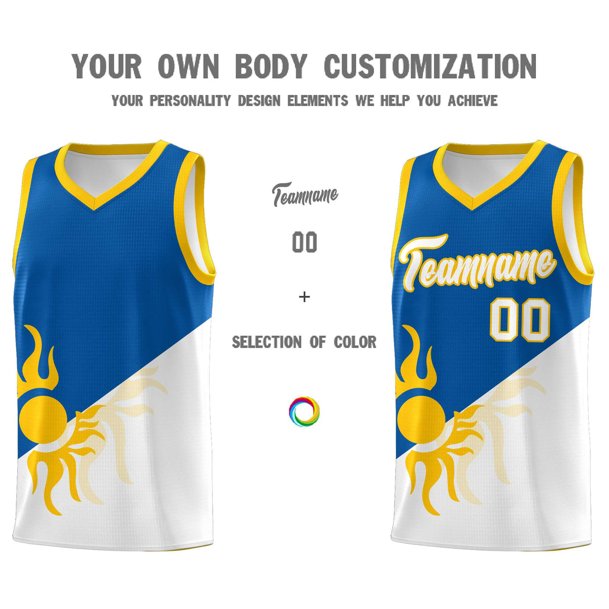 Custom Youth Basketball Jerseys - Royal White Radiant Sun Design Two Tone Uniforms