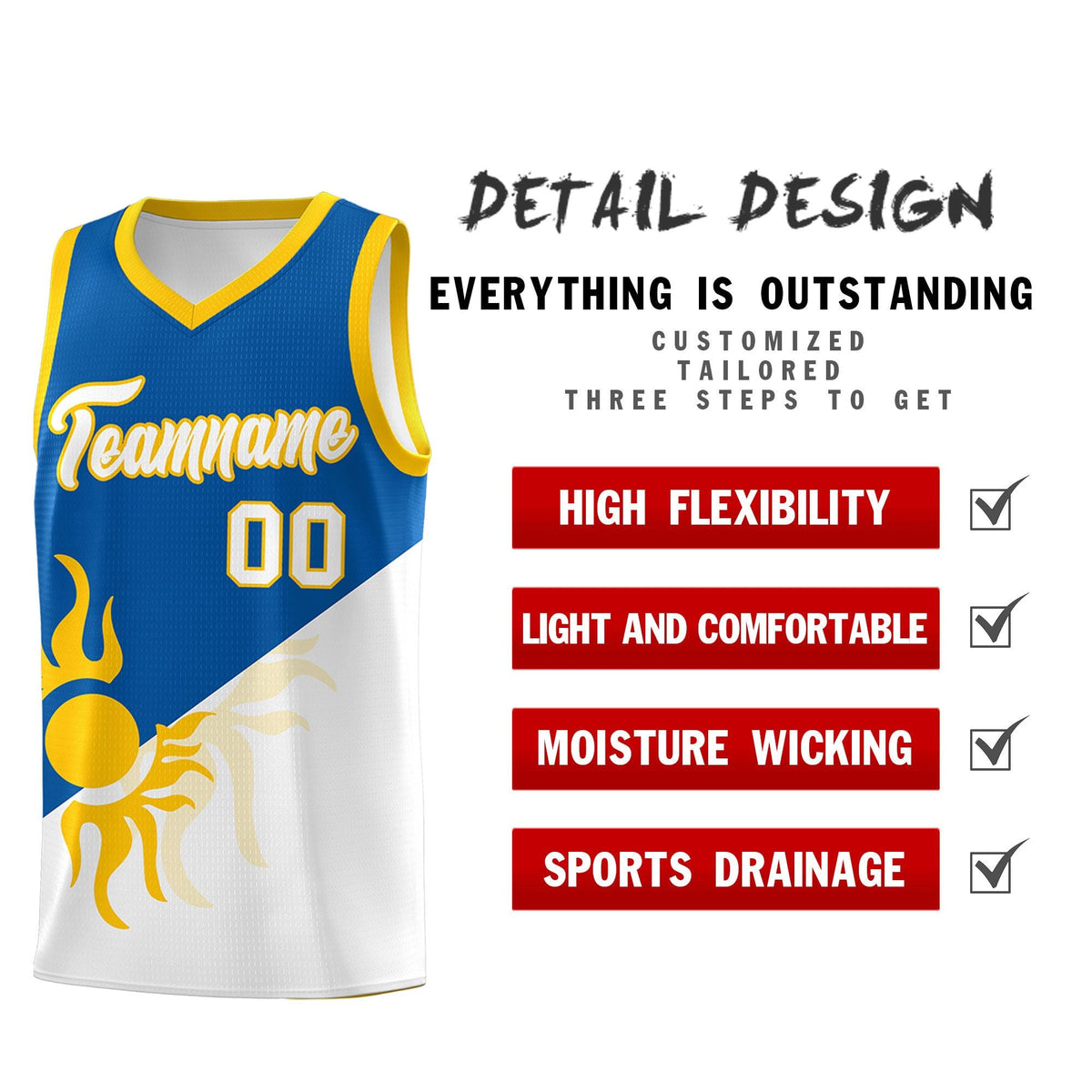 Custom Youth Basketball Jerseys - Royal White Radiant Sun Design Two Tone Uniforms