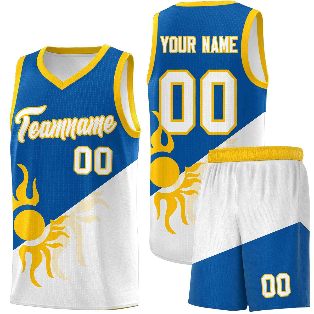 Custom Youth Basketball Jerseys - Royal White Radiant Sun Design Two Tone Uniforms