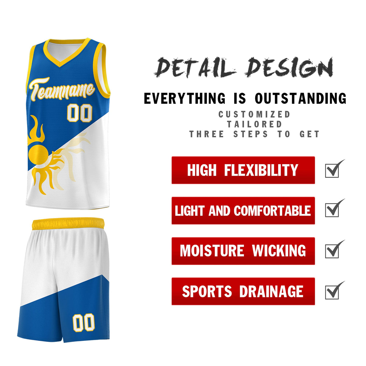 Custom Youth Basketball Jerseys - Royal White Radiant Sun Design Two Tone Uniforms