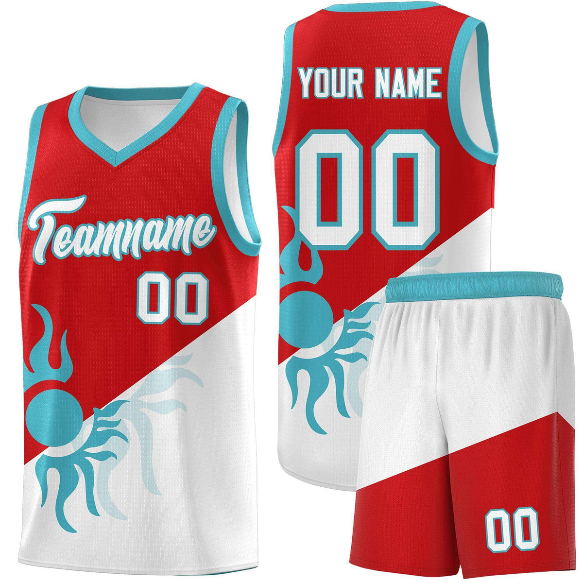 Custom Youth Basketball Jerseys - Red White Radiant Sun Design Two Tone Uniforms