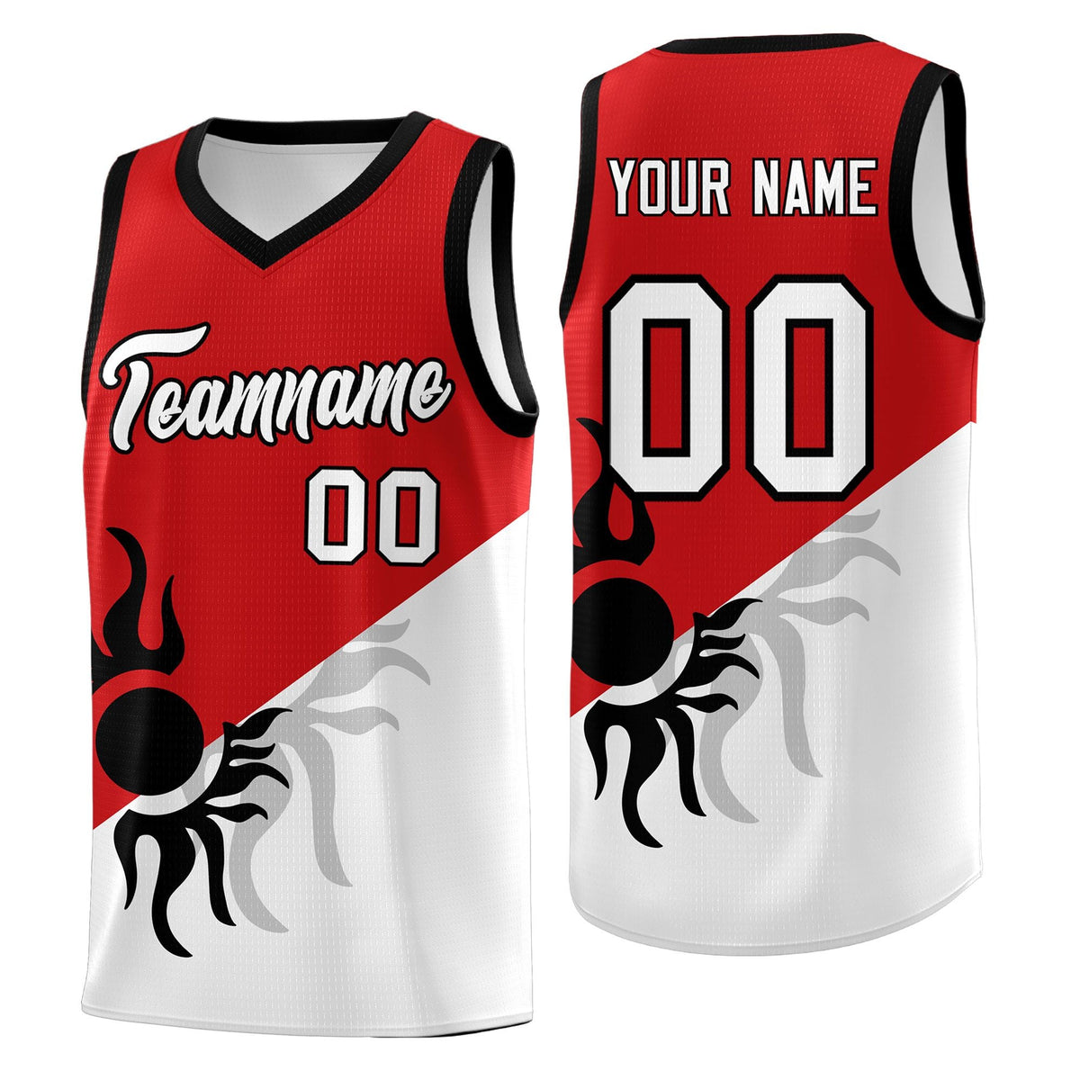 Custom Youth Basketball Jerseys - Red White Sunburst Design Two Tone Uniforms
