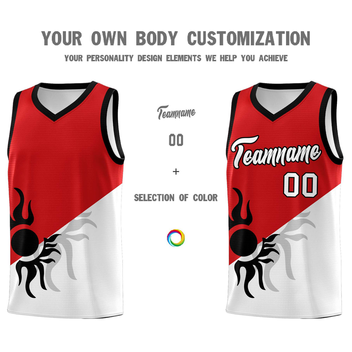 Custom Youth Basketball Jerseys - Red White Sunburst Design Two Tone Uniforms