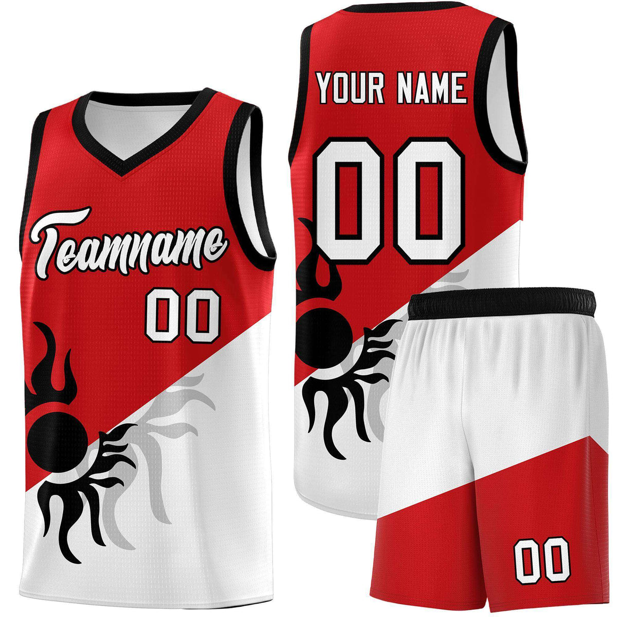 Custom Youth Basketball Jerseys - Red White Sunburst Design Two Tone Uniforms