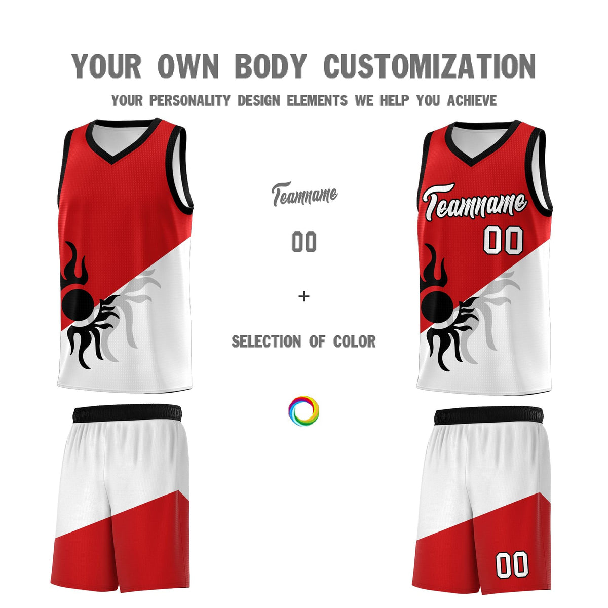 Custom Youth Basketball Jerseys - Red White Sunburst Design Two Tone Uniforms