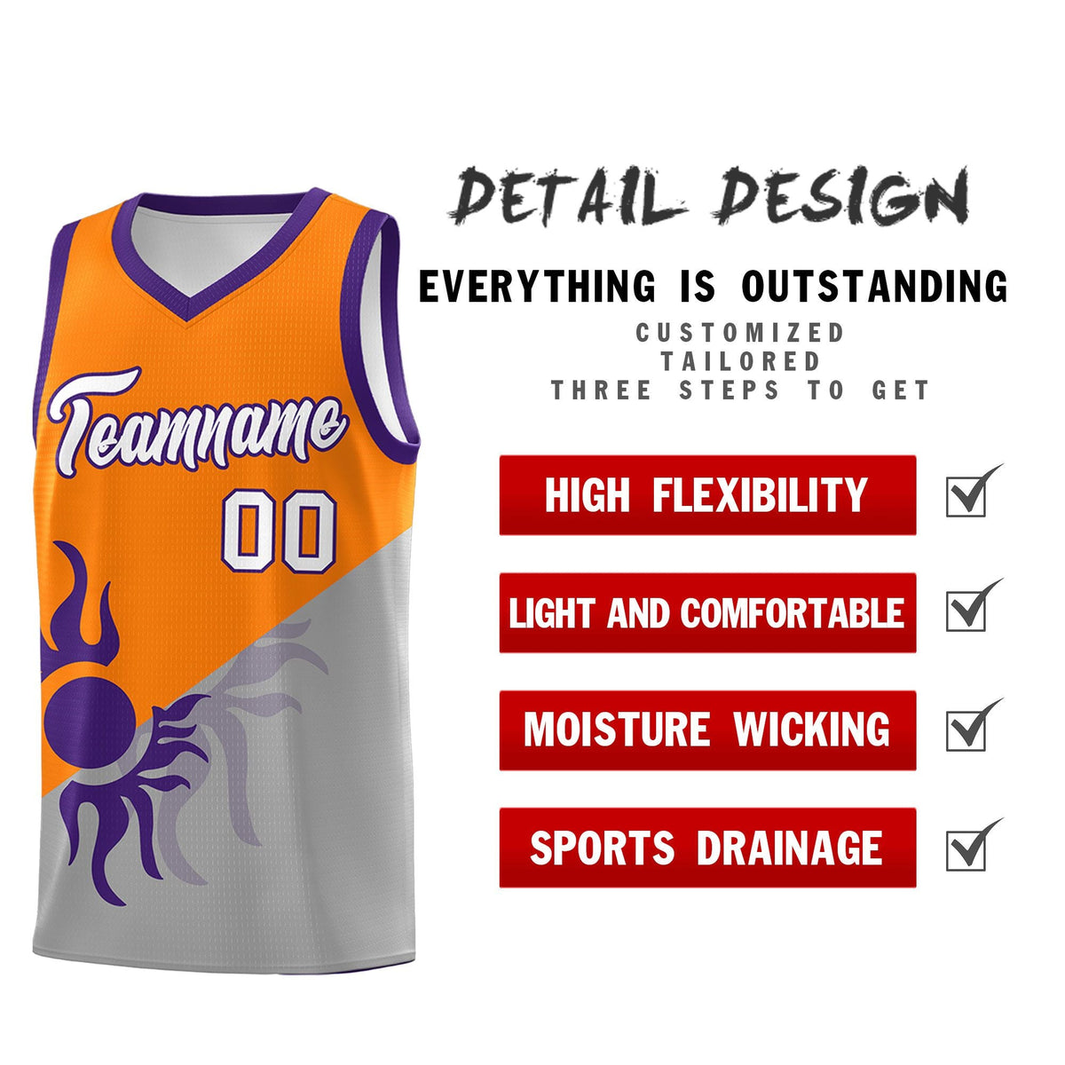 Custom Youth Basketball Jerseys - Orange Gray Sunburst Design Two Tone Uniforms