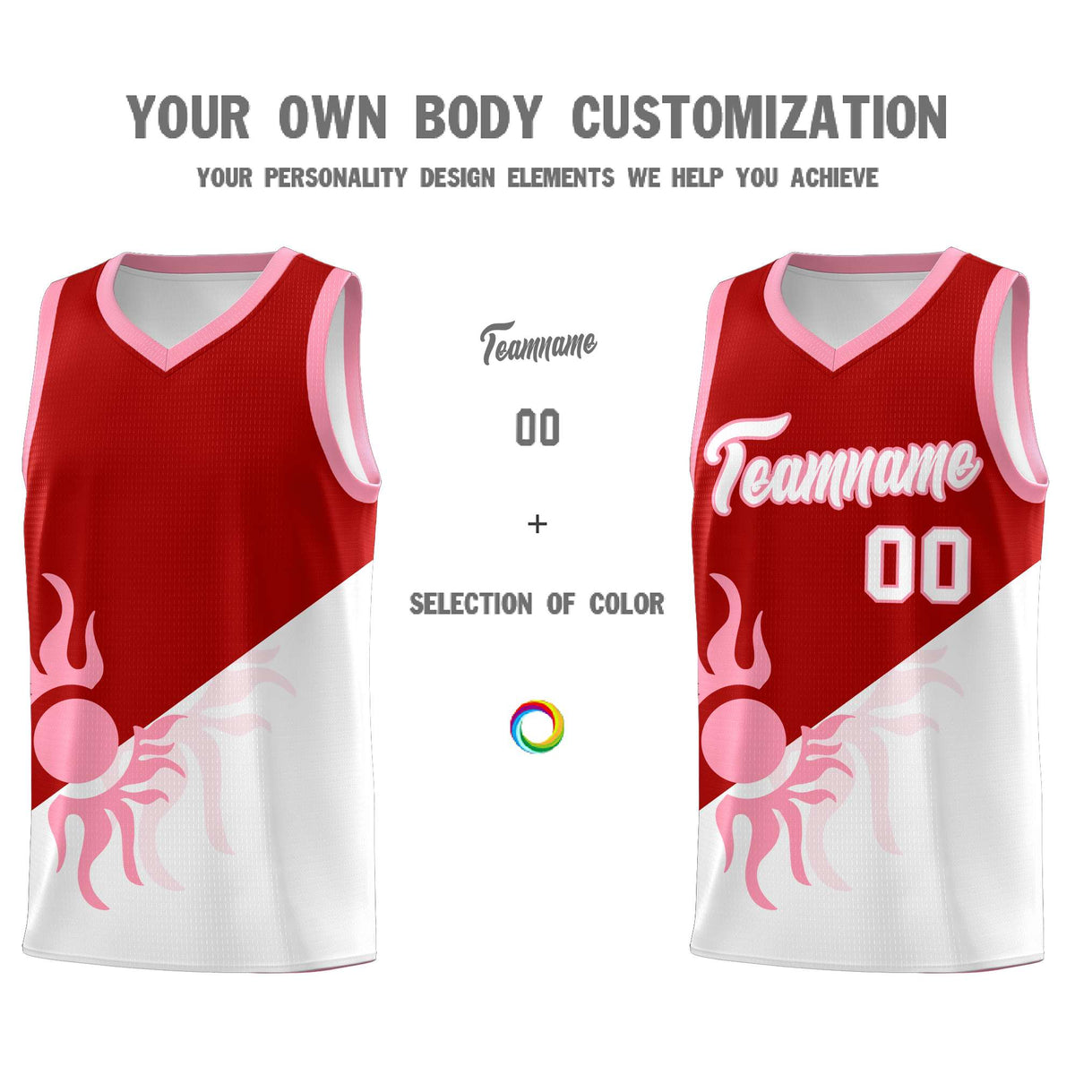 Custom Youth Basketball Jerseys - Red White Sunburst Design Two Tone Uniforms