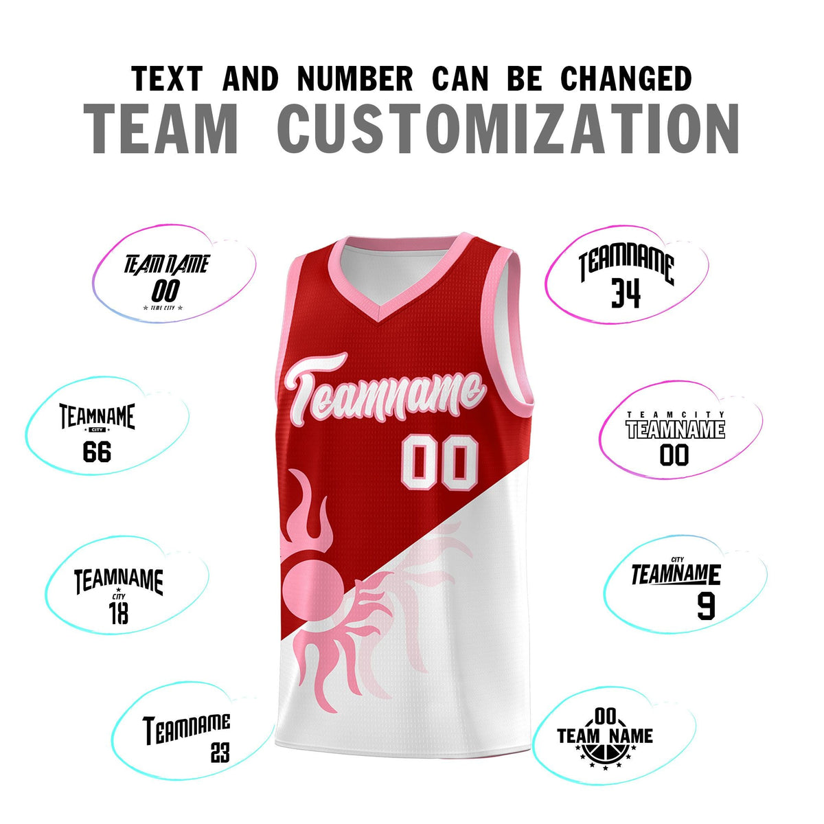 Custom Youth Basketball Jerseys - Red White Sunburst Design Two Tone Uniforms
