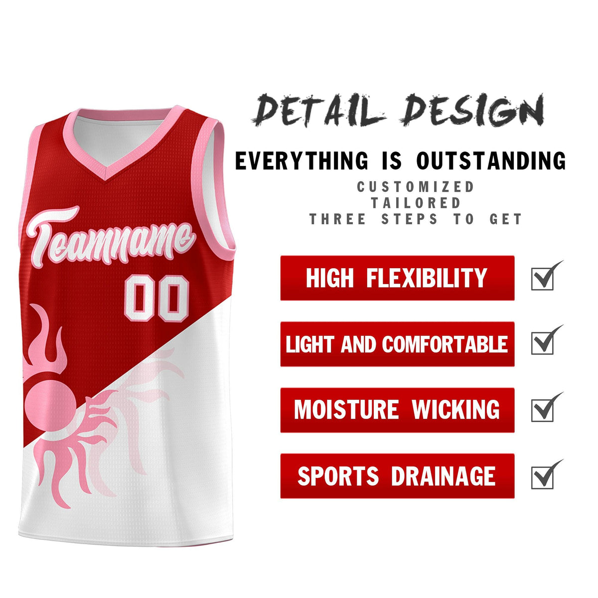 Custom Youth Basketball Jerseys - Red White Sunburst Design Two Tone Uniforms