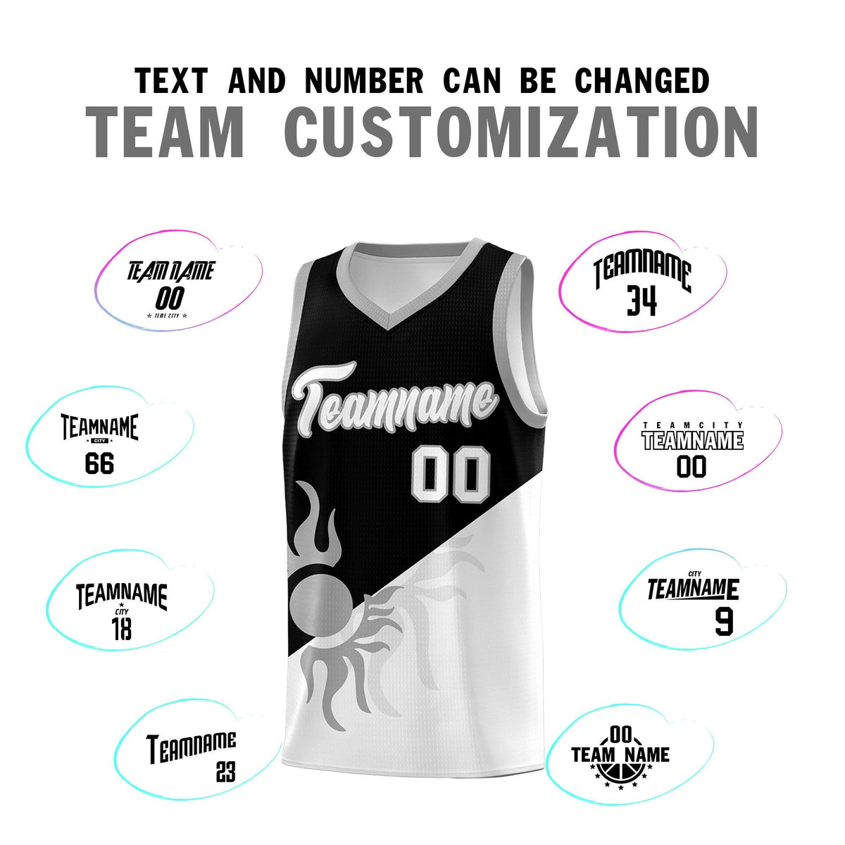 Custom Youth Basketball Jerseys - Black White Radiant Sun Design Two Tone Uniforms