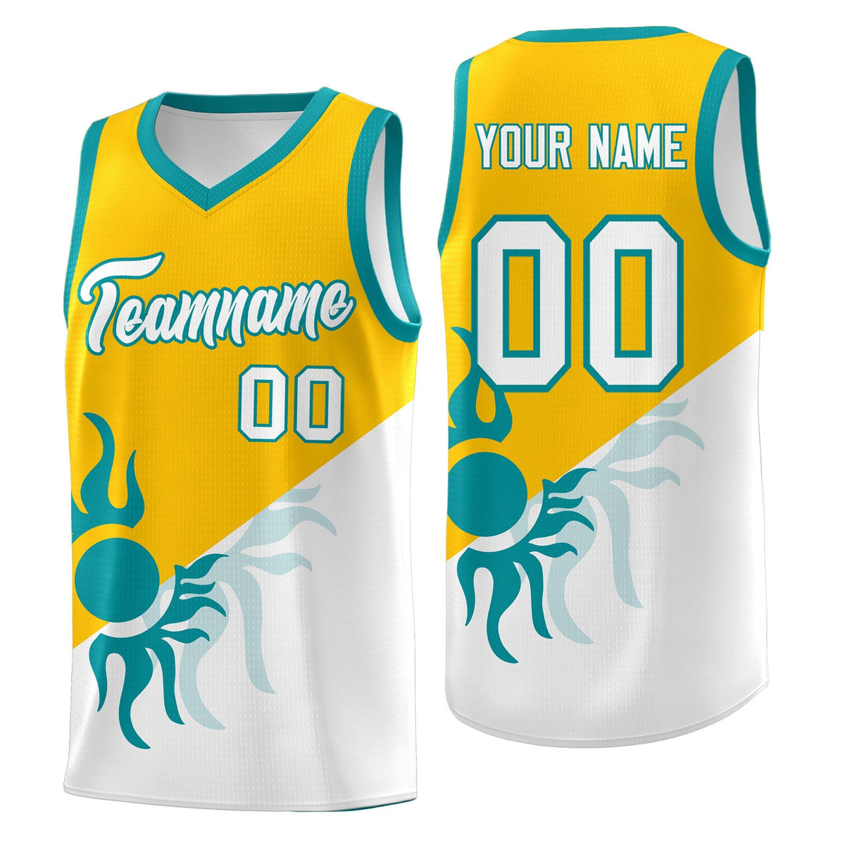 Custom Youth Basketball Jerseys - Yellow White Sunburst Design Two Tone Uniforms