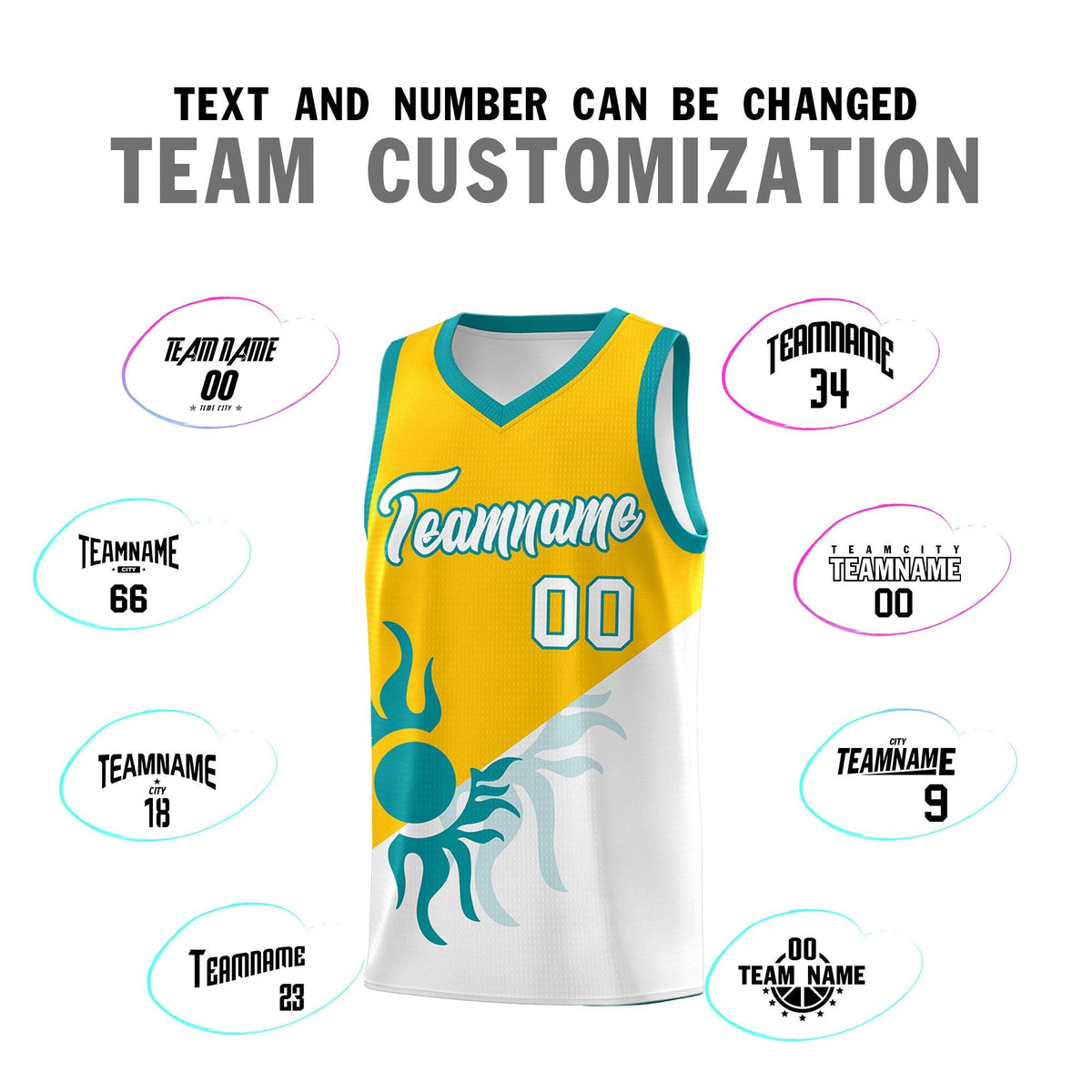 Custom Youth Basketball Jerseys - Yellow White Sunburst Design Two Tone Uniforms