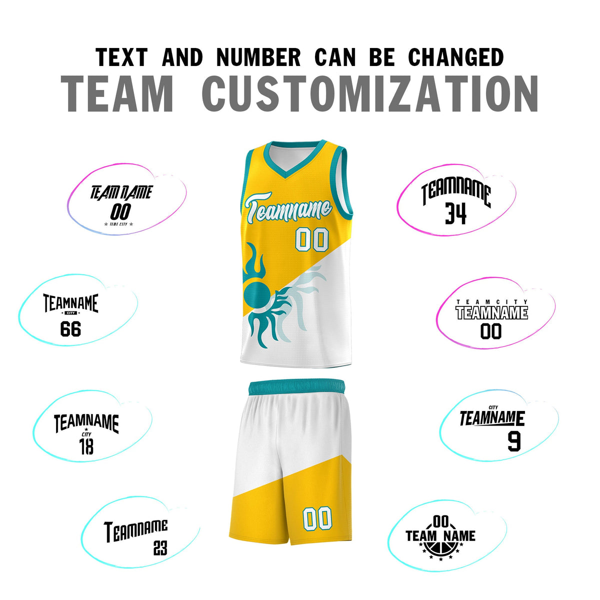 Custom Youth Basketball Jerseys - Yellow White Sunburst Design Two Tone Uniforms