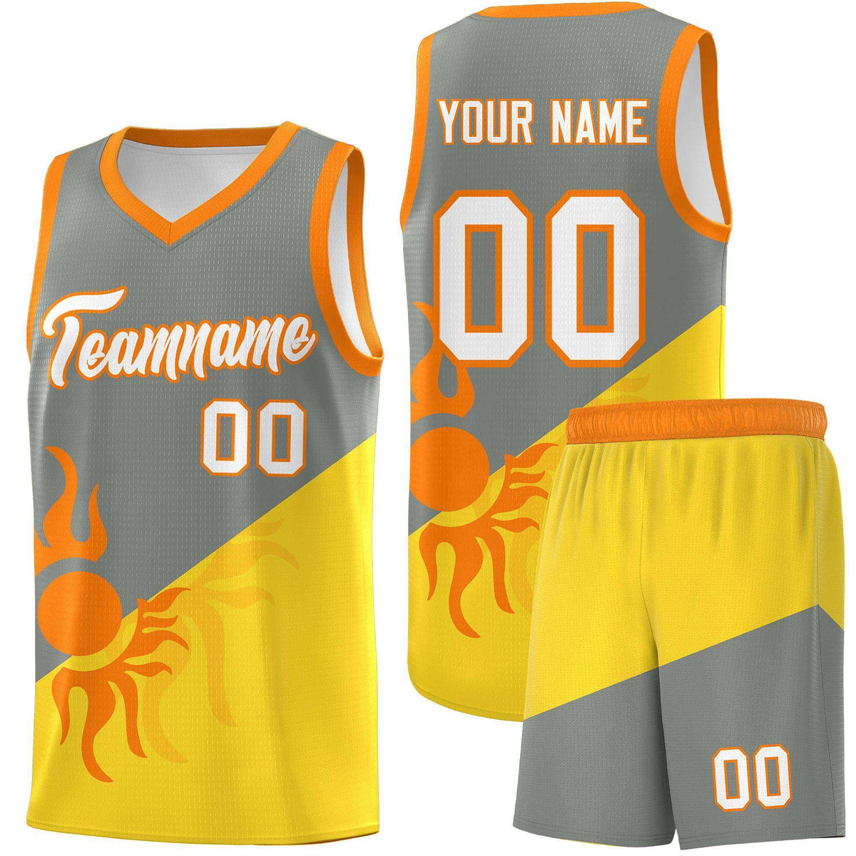Custom Youth Basketball Jerseys - Gray Gold Radiant Sun Design Two Tone Uniforms