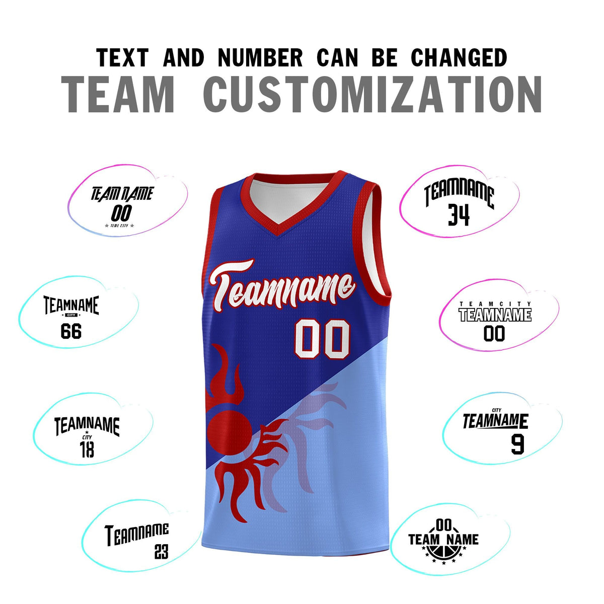 Custom Youth Basketball Jerseys - Royal Light Blue Sunburst Design Two Tone Uniforms