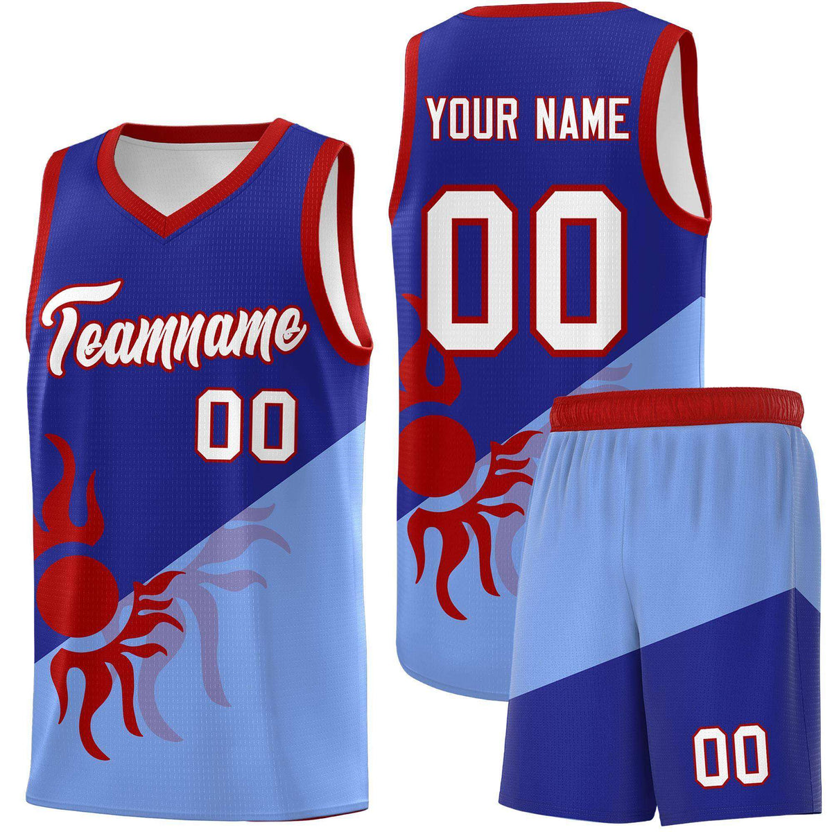 Custom Youth Basketball Jerseys - Royal Light Blue Sunburst Design Two Tone Uniforms