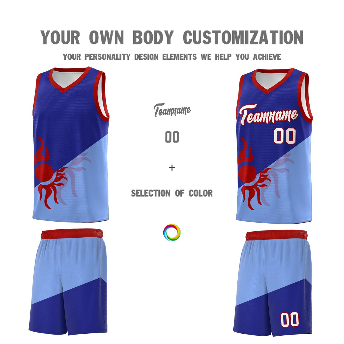 Custom Youth Basketball Jerseys - Royal Light Blue Sunburst Design Two Tone Uniforms